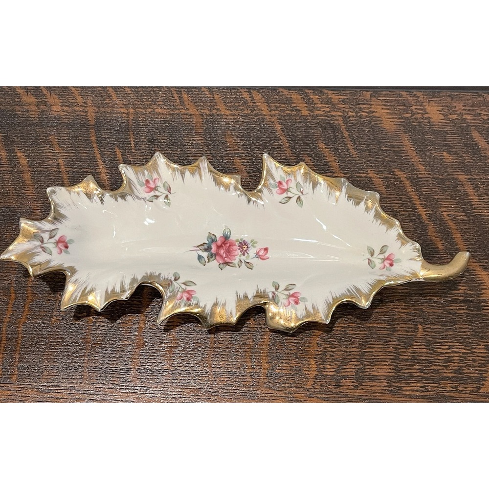 VTG Trinket Serving Dish 9.5 Inch Porcelain Pink Roses Gold Gilt Japan Leaf